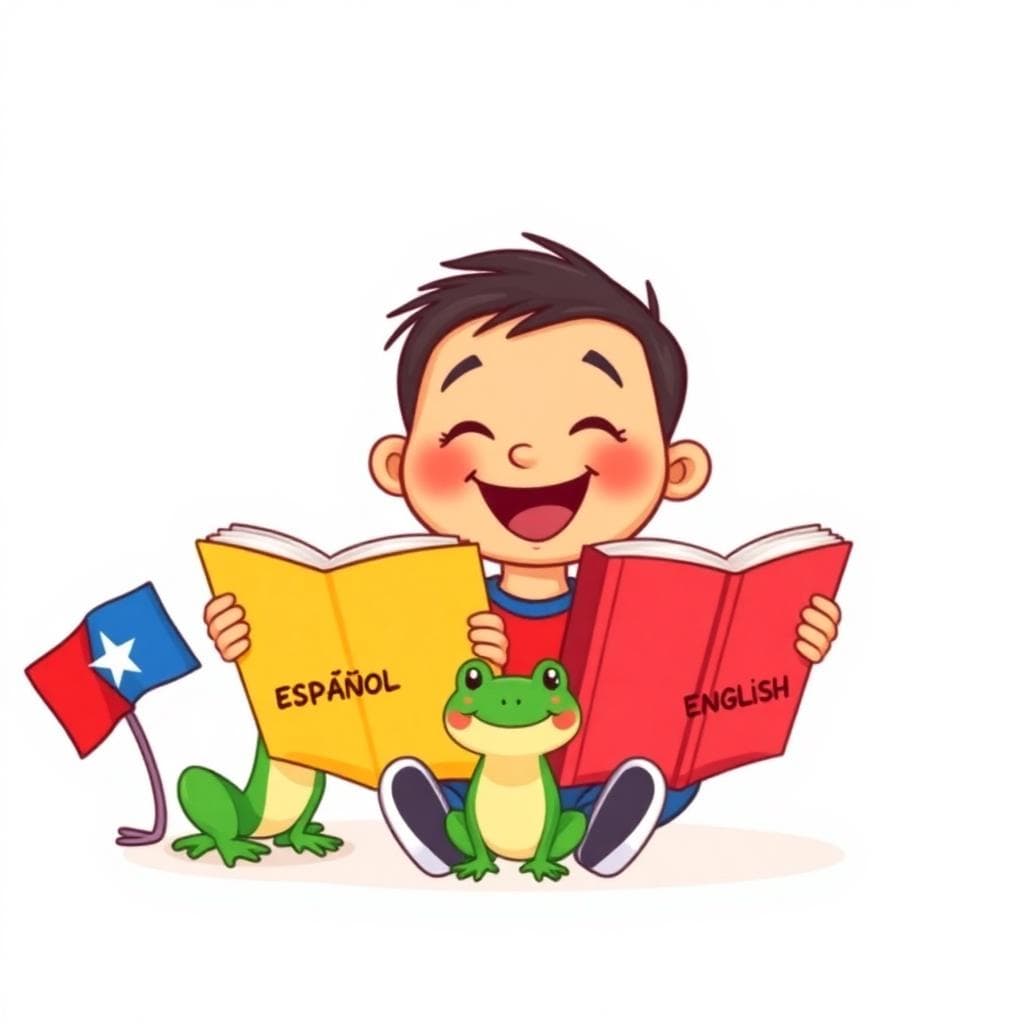 Ilustración de un estudiante feliz con libros en español e inglés junto a un coquí