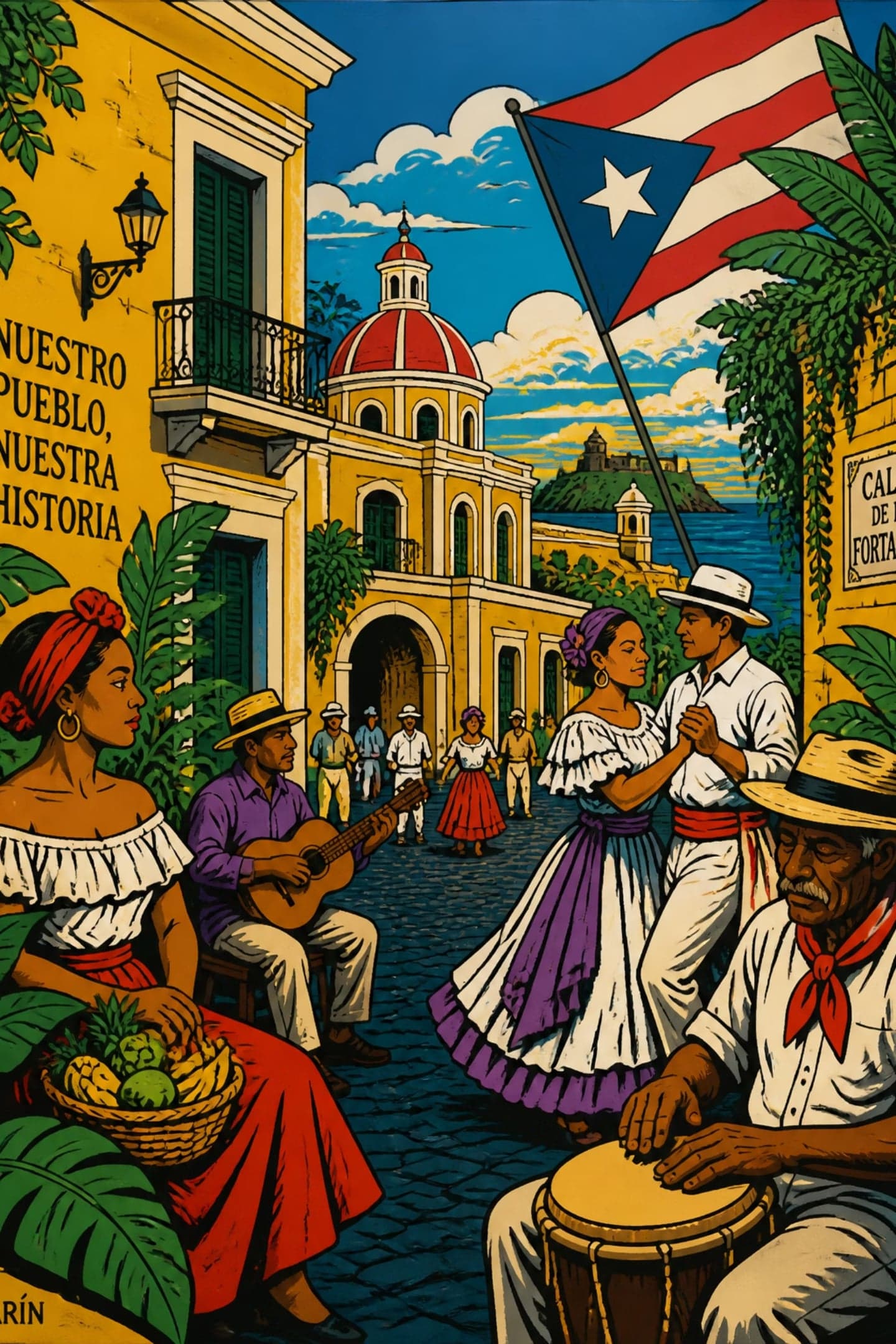 Arte mural al estilo de Augusto Marín: plaza puertorriqueña con música, baile y la bandera de Puerto Rico