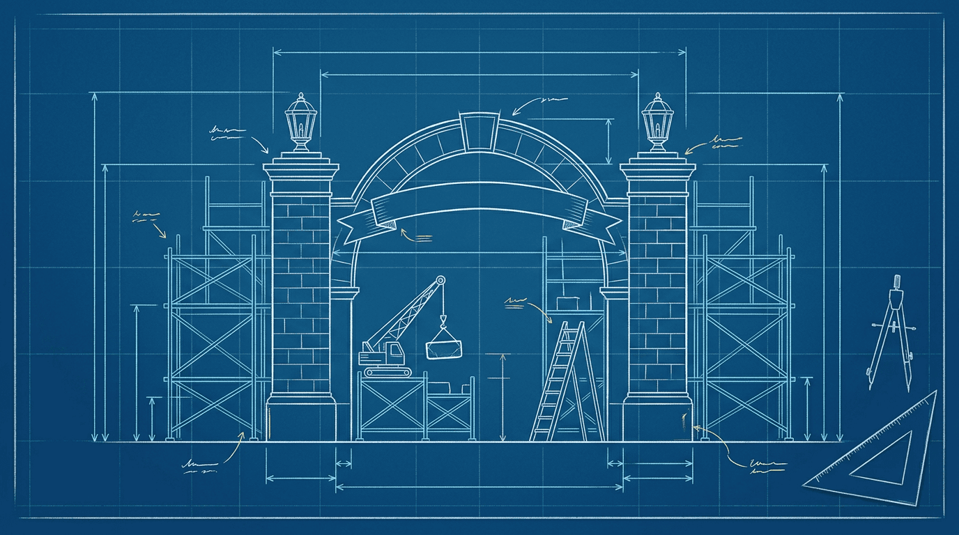 Plano de arquitecto del portón de la escuela en construcción, con andamios, una grúa y líneas de cota